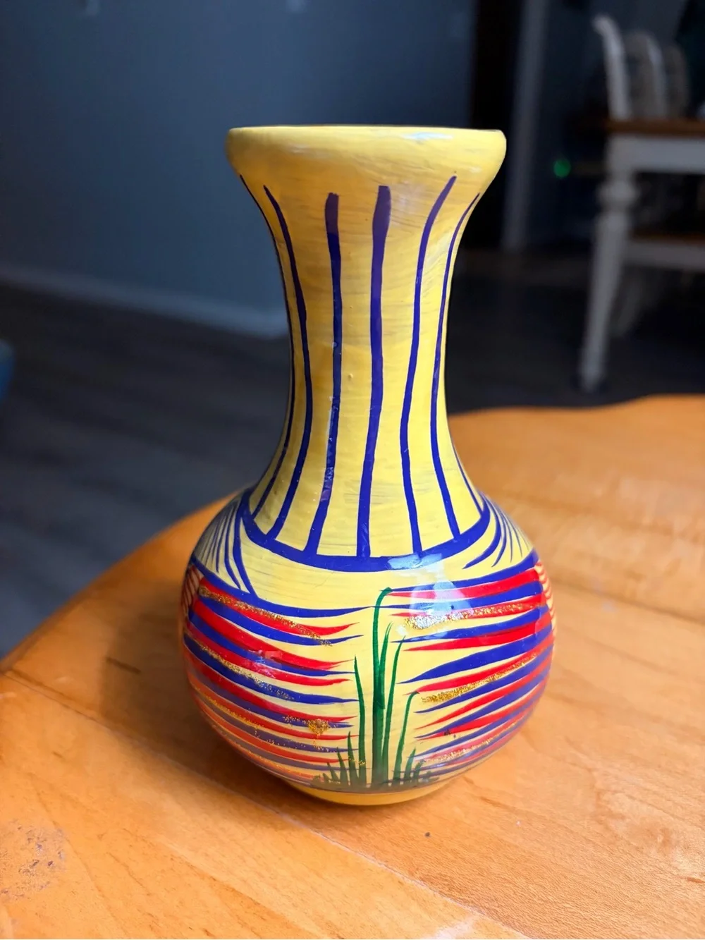 Hand-Painted Mexican Terracotta Vase with Birds and Floral Motif